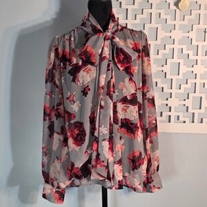Eva Mendes NY&Co Grey Red Floral tie bow Chiffon Blouse Large Long Sleeve Top